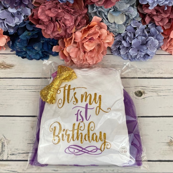 1st Birthday Outfit Matching Onesie Purple Tulle Skirt and Headband - Picture 13 of 14